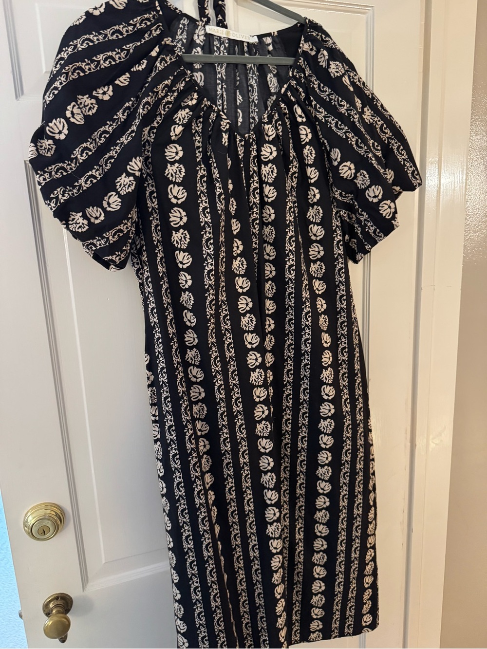 Marie Oliver Black Foster Midi Dress with White Floral Stripe and Puff Sleeves